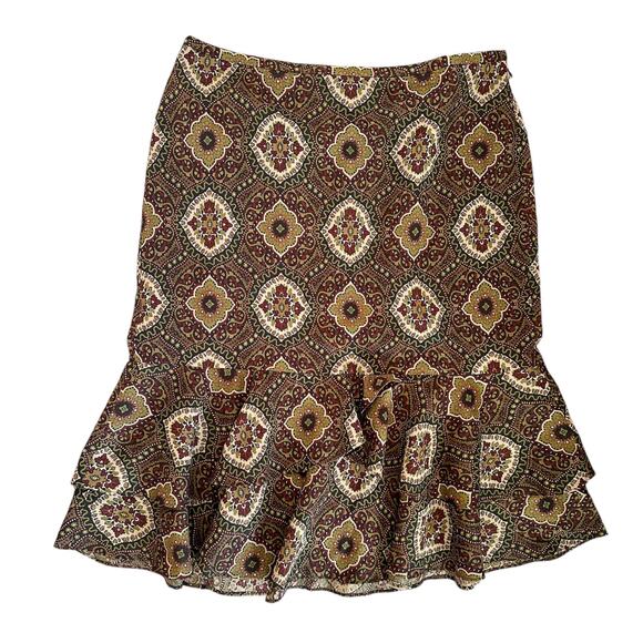 Ann Taylor loft wool skirt Mosaic print 12 brown office work unique ruffle flare - Picture 1 of 4